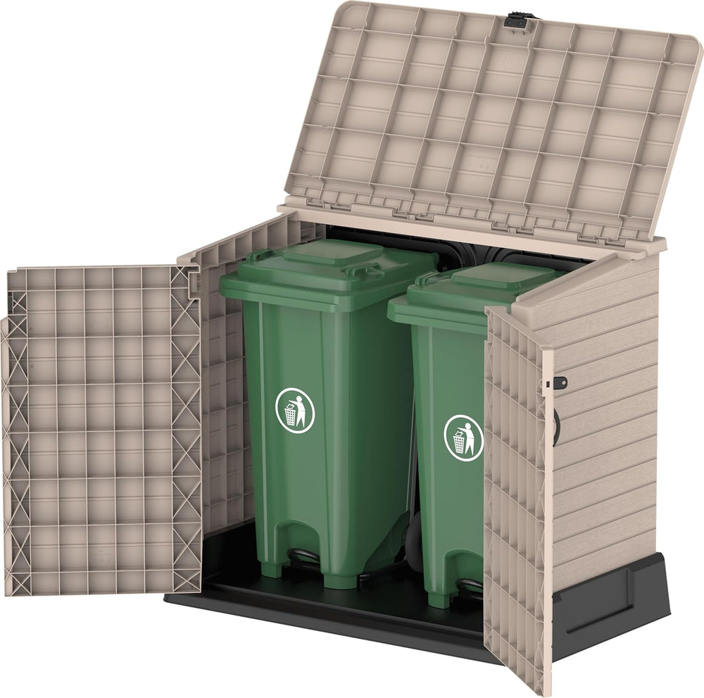 Duramax StoreAway 1200L Plastic Garden Shed/ Flat Lid, Outdoor Storage Shed, Wheelie Bin Hideaways, Wheelie bin box, Durable Construction, Ideal for Bikes, BBQs & 2x 240L Bins, 145x85x125 cm, Brown
