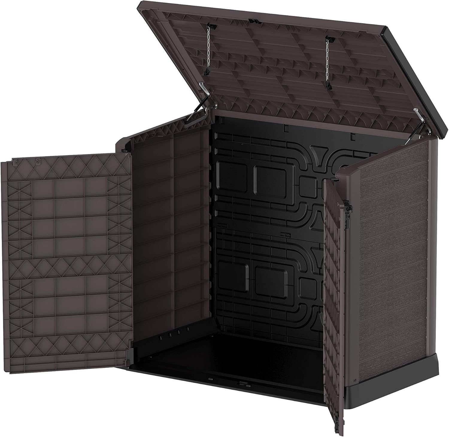 Duramax StoreAway 1200L Plastic Garden Shed/ Flat Lid, Outdoor Storage Shed, Wheelie Bin Hideaways, Wheelie bin box, Durable Construction, Ideal for Bikes, BBQs & 2x 240L Bins, 145x85x125 cm, Brown
