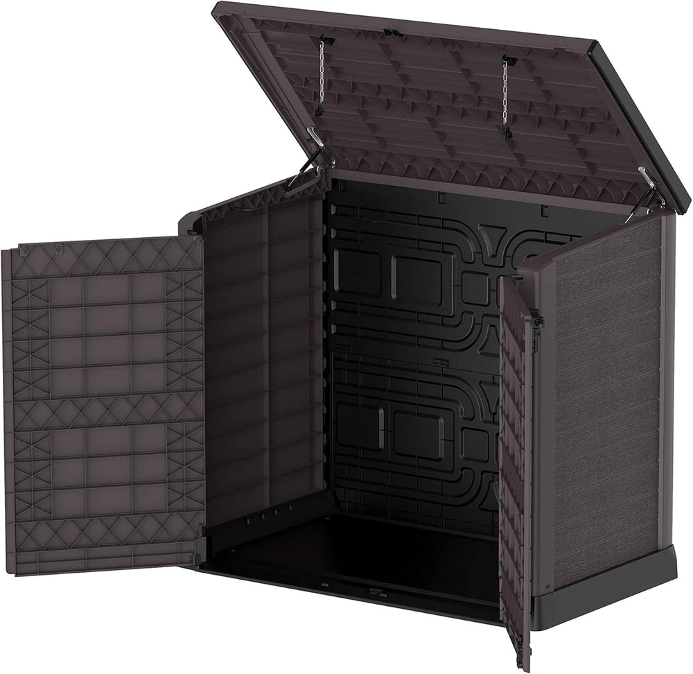 Duramax StoreAway 1200L Plastic Garden Shed/ Flat Lid, Outdoor Storage Shed, Wheelie Bin Hideaways, Wheelie bin box, Durable Construction, Ideal for Bikes, BBQs & 2x 240L Bins, 145x85x125 cm, Brown