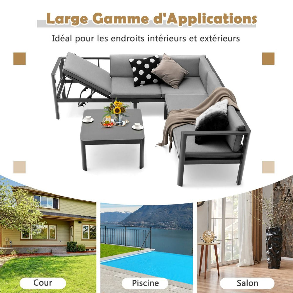 Salon de Jardin Extérieur avec Table Basse en Verre Trempé Canapéavec Dossier Inclinable à 6 Niveaux Coussins Inclus Gris