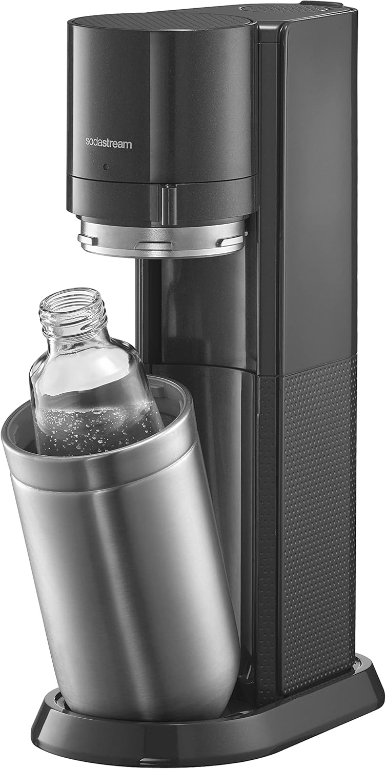 SodaStream Duo Sparkling Water Machine for Glass Jug | Pack of 2 Glass Jugs 1L + 1 Bottle 1L Dishwasher Safe + 1 60L Gas Refill Clip On | Black [Amazon Exclusive]