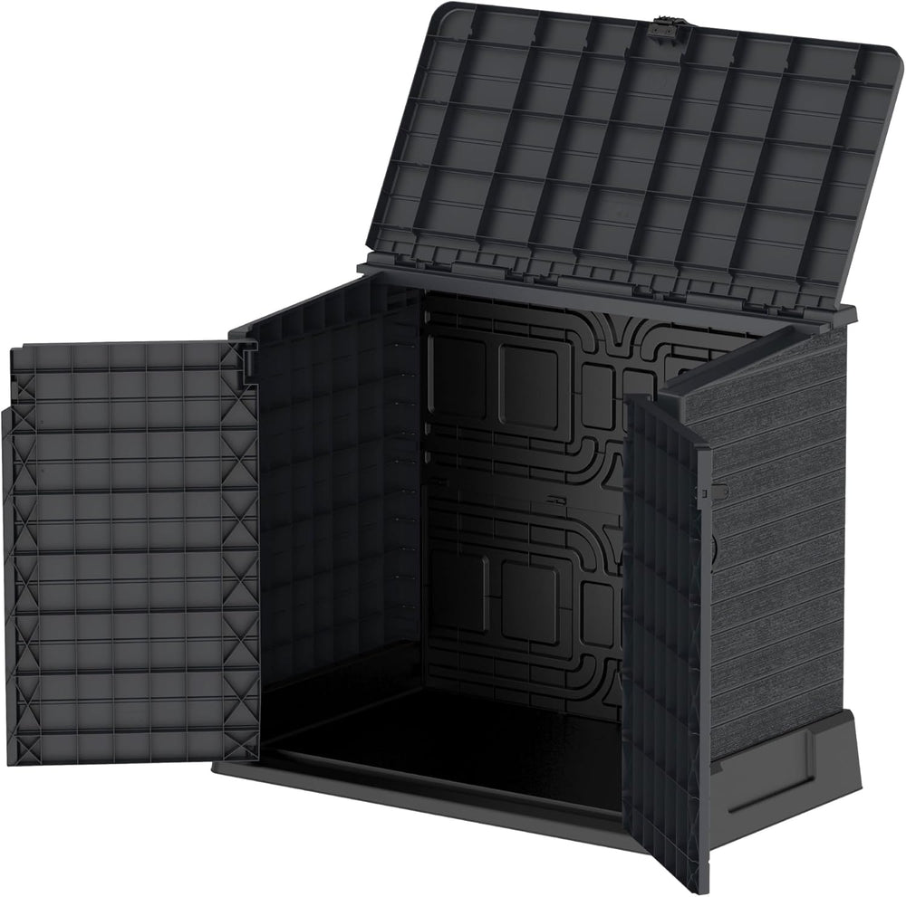 Duramax StoreAway 1200L Plastic Garden Shed/ Flat Lid, Outdoor Storage Shed, Wheelie Bin Hideaways, Wheelie bin box, Durable Construction, Ideal for Bikes, BBQs & 2x 240L Bins, 145x85x125 cm, Brown