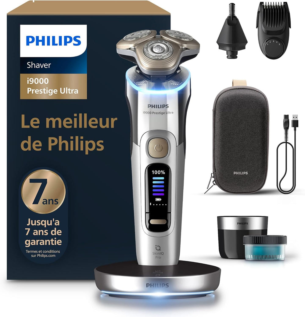 Philips Rasoir i9000 Prestige Ultra, Rasoir électrique 100% étanche, Technologie Skin IQ Pro, Système Triple Lift & Cut, Lames de précision NanoTech rotatives 360°, 5 modes de rasage, XP9401/38