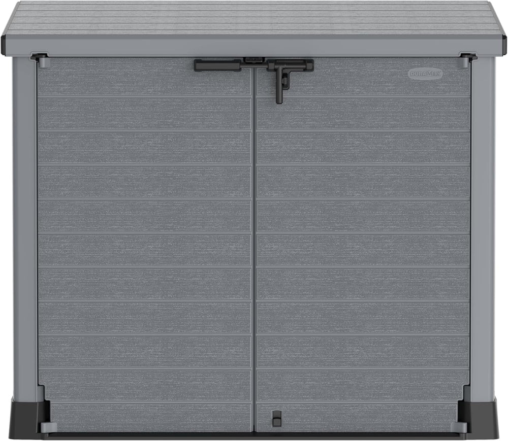 Duramax StoreAway 1200L Plastic Garden Shed/ Flat Lid, Outdoor Storage Shed, Wheelie Bin Hideaways, Wheelie bin box, Durable Construction, Ideal for Bikes, BBQs & 2x 240L Bins, 145x85x125 cm, Brown