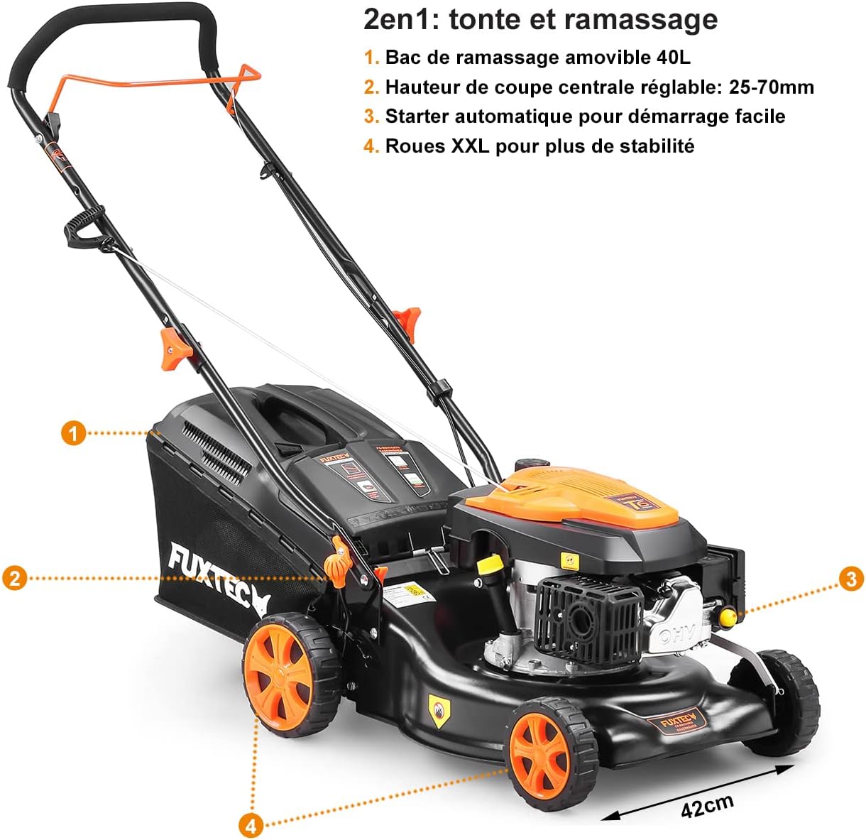 FUXTEC Tondeuse thermique pousse FX-RM4646ECO - Tres bon rapport qualit-prix - Easy Clean 3en1 largeur de coupe 46cm - bac de ramassage 50L