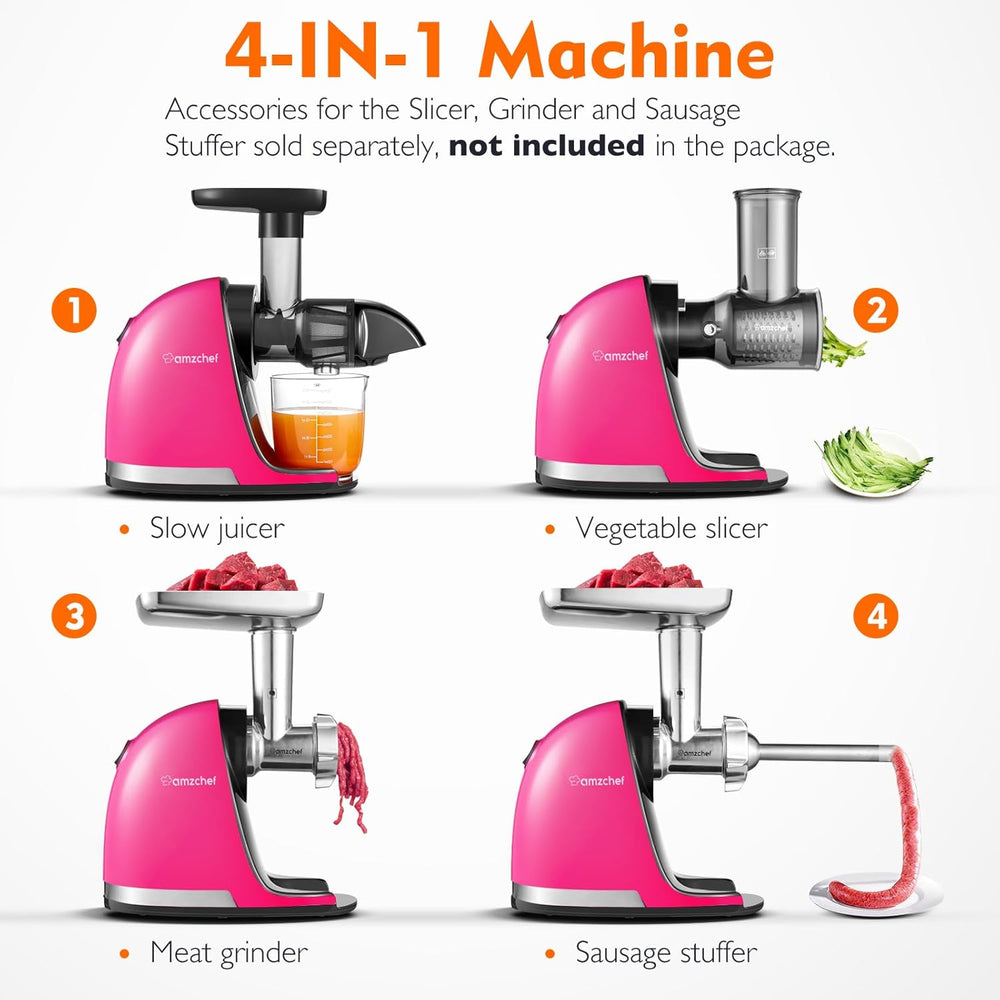 AMZCHEF Extracteur Jus - Extracteur de Jus de Fruits et Légumes - Presses-agrumes à Froid sans BPA avec 2 Tasses et Brosse - Fonction de Mastication Inversée pour Éviter les Blocages - Argent