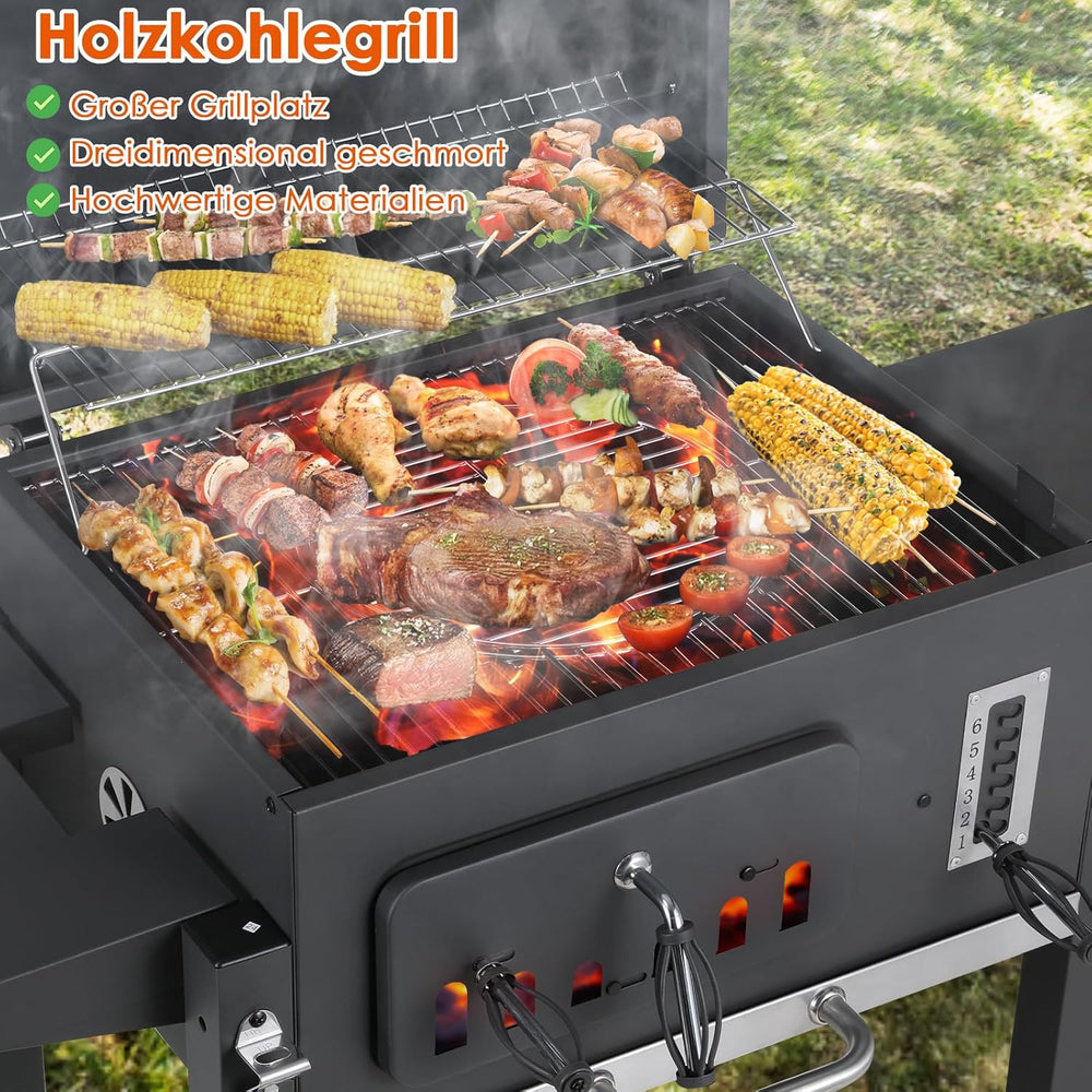 Barbecue Charbon de Bois XL, Chariot à Barbecue, Grill XL à Charbon avec Couvercle, Roues et Thermomètre, Réglable en Hauteur, Grand Barbecue au Charbon de Bois, pour Camping et Jardin, Noir
