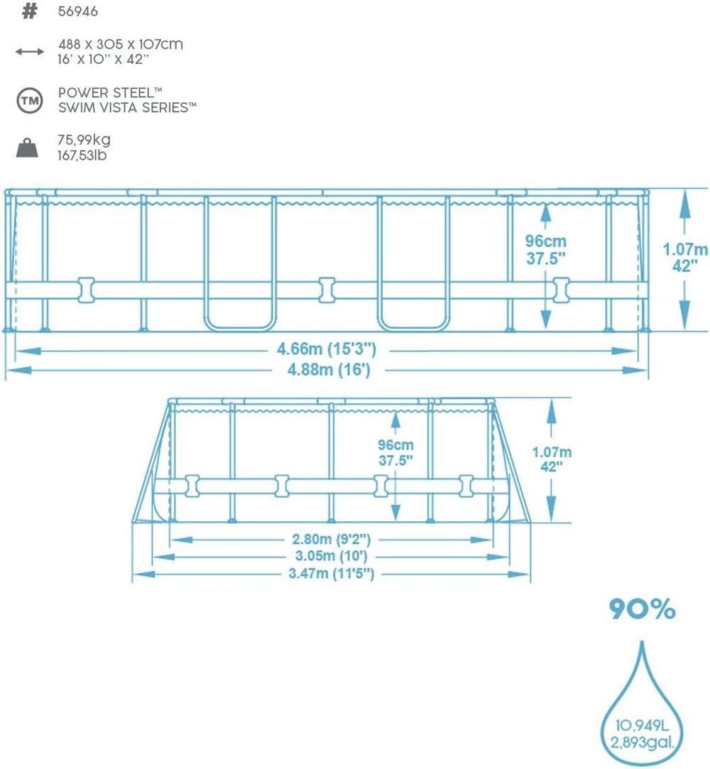 Bestway 56946 Piscine Power Steel™ Swim Vista ovale 488 x 305 x 107 cm motif rotin avec hublots, filtration à sable, échelle, bâche et diffuseur Chemconnect™