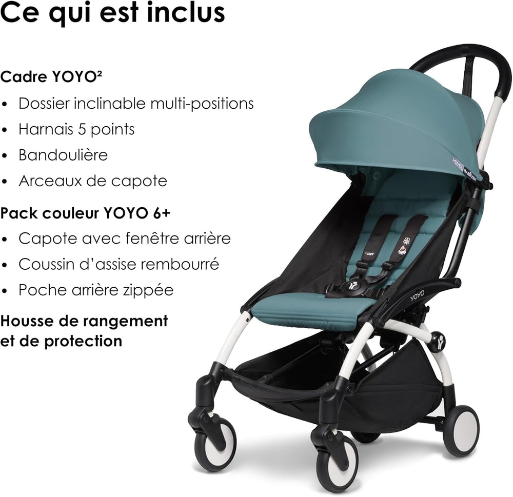 Poussette BABYZEN YOYO2 6+ (Cadre noir + pack couleur Aqua) - Comprend un harnais, un dossier, des arceaux de capote, une bandoulière, un coussin d’assise, et une capote assortie