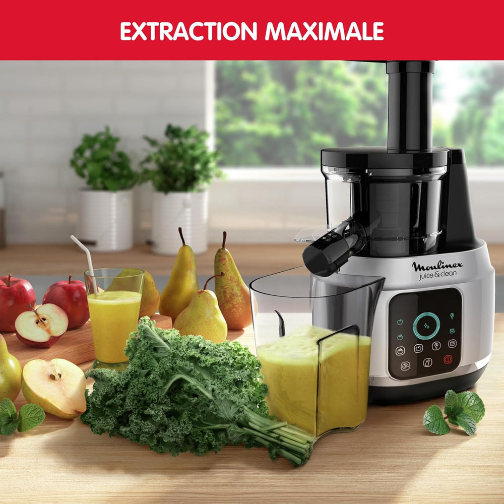 Moulinex Juice & Clean ZU420E10 Fruit and Vegetable Juice Extractor, Vitamin Juice, Press, 150 W, 42 to 83 RPM, Fresh Fruit Juice, Jam, Grout, Sorbet, Automatic Cleaning