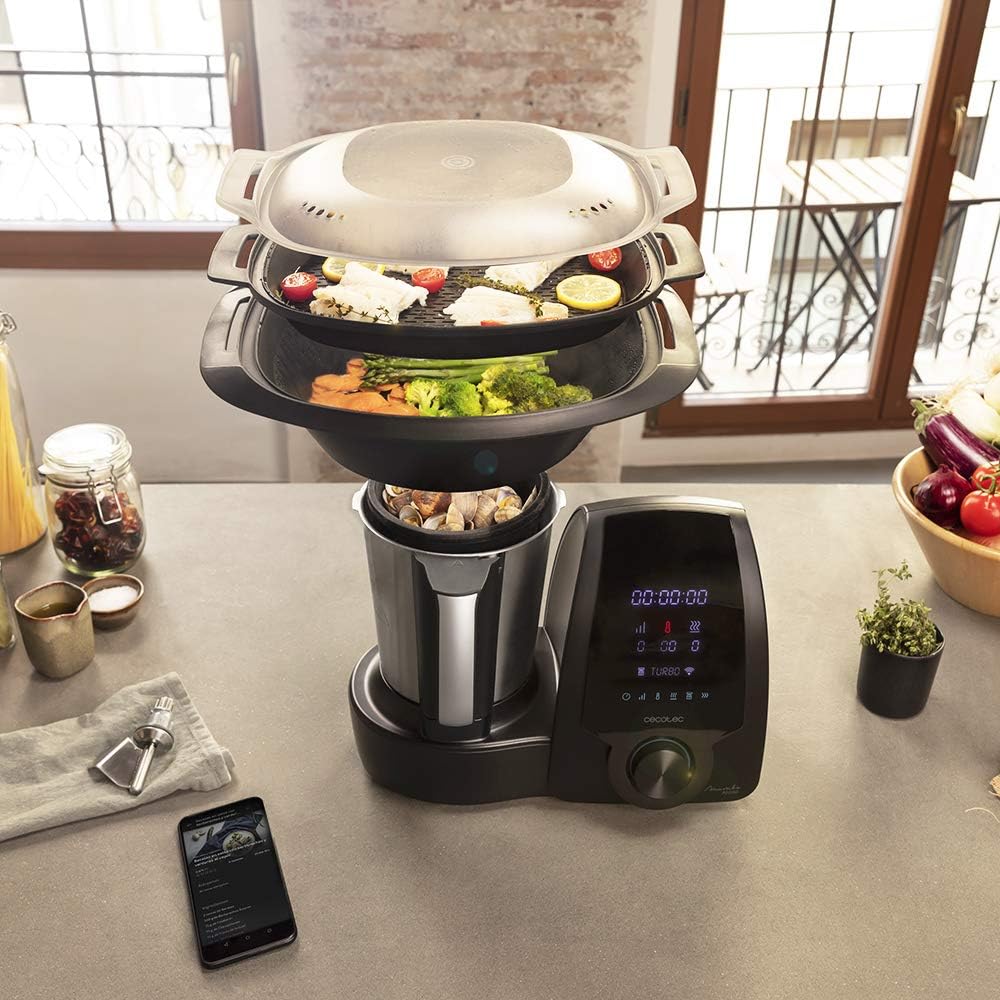 Cecotec Robot de Cuisine Mambo Black. 23 Fonctions, 10 Niveaux de Température, 1700W, 2,5 kg de Pâte, Cruche de 3,3L, 10 Vitesses, Minuterie, Température Réglable de 37 °C à 120 °C