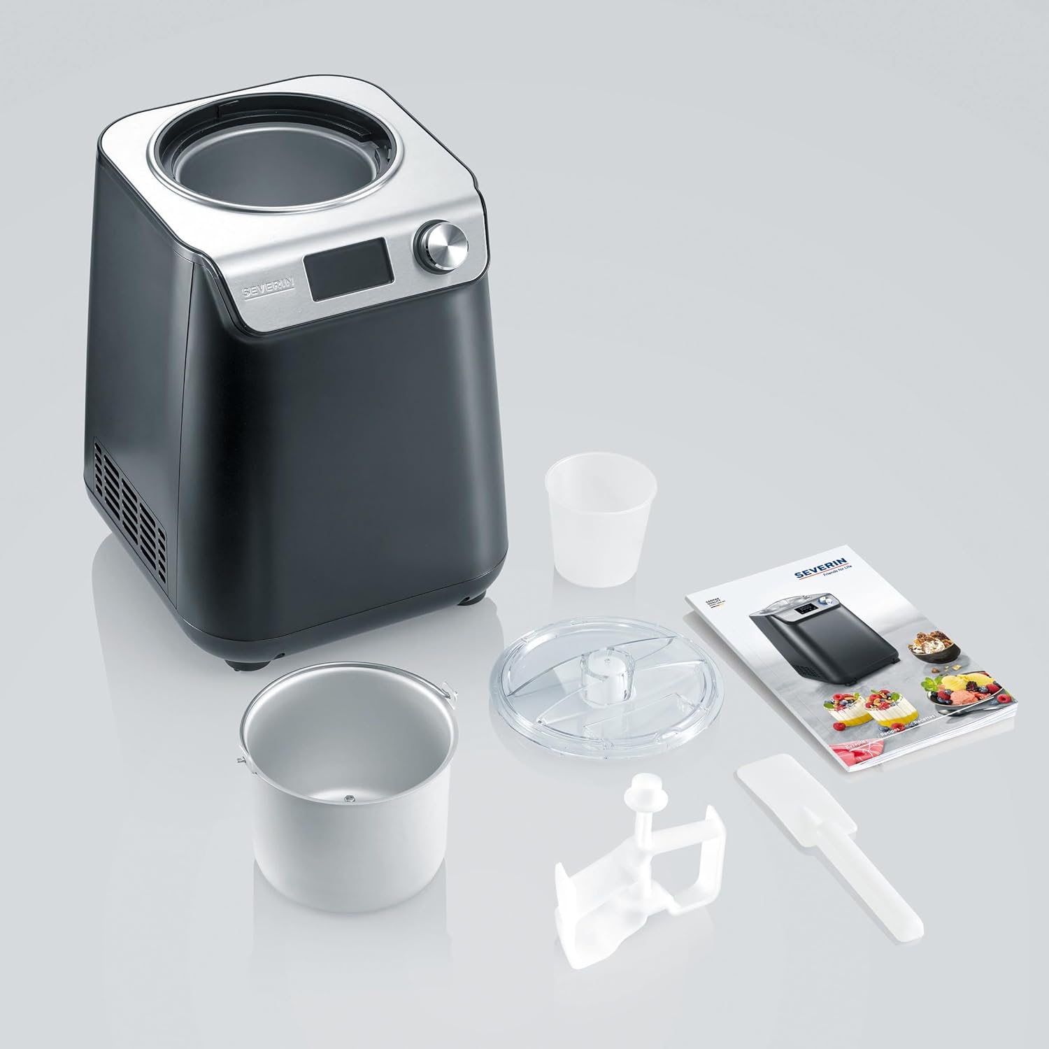 SEVERIN Sorbetière 2-en-1 Compacte 135 W, Sorbetière électrique et yaourtière d'une capacité 1,2 L, Machine à glace avec livre de recettes, noir, EZ 7407