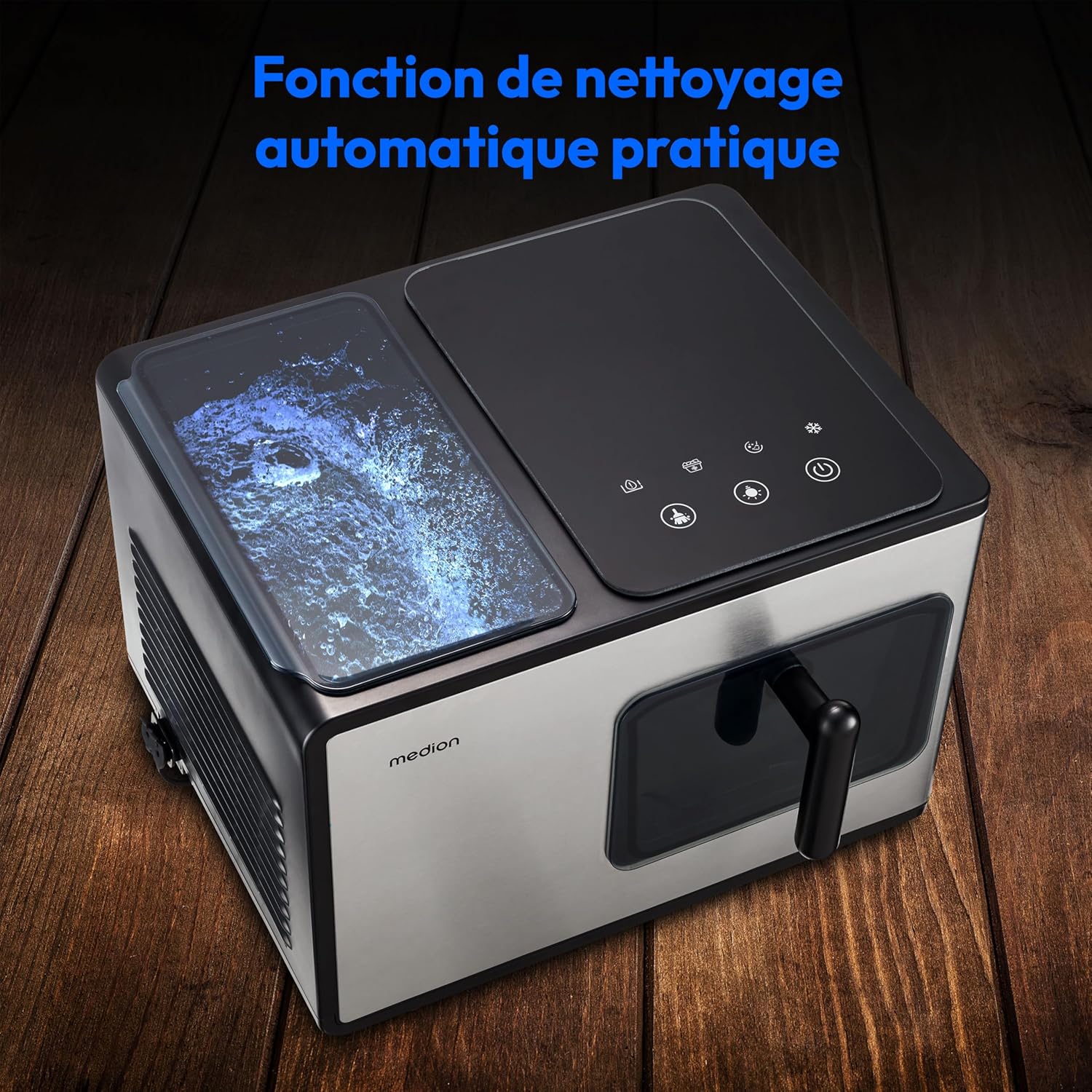 MEDION Ice maker (ice cube size small & large, 2.6 litre water tank, short production time approx. 10 minutes, crystal clear ice cubes, self-cleaning, control window, screen,