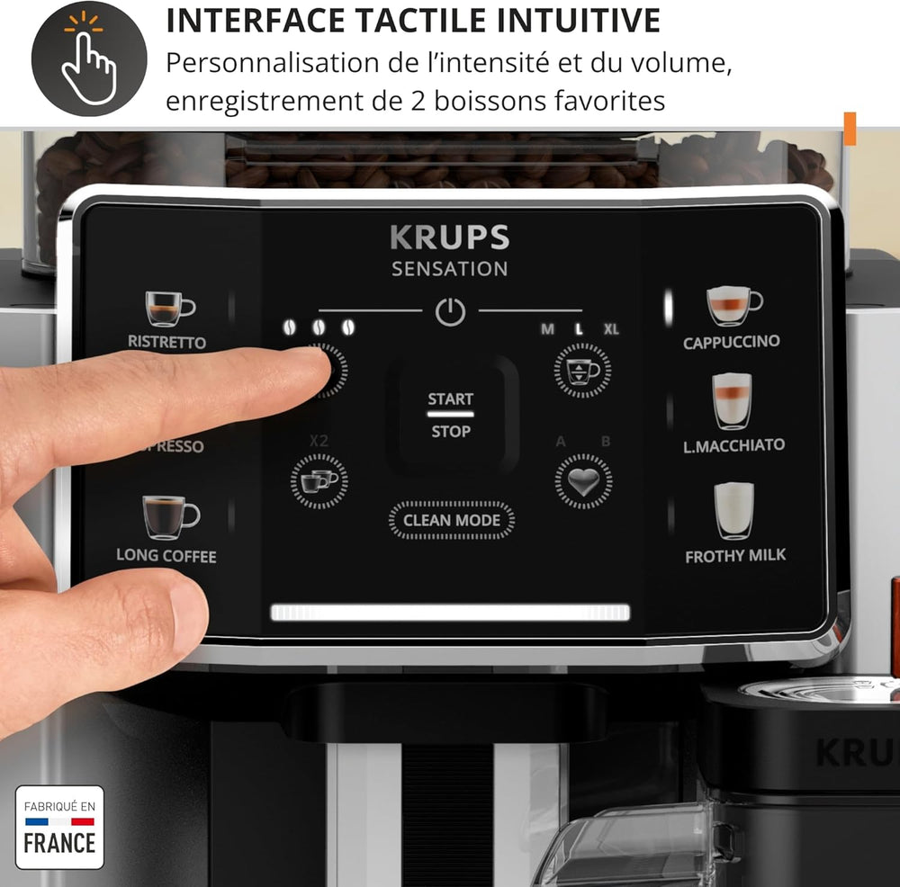 Krups Sensation C50, Machine à café grains, machine expresso, 5 boissons accès direct, Interface tactile, Facile à utiliser, Nettoyage automatique, Buse vapeur Cappuccino, Fabriqué en France EA910810