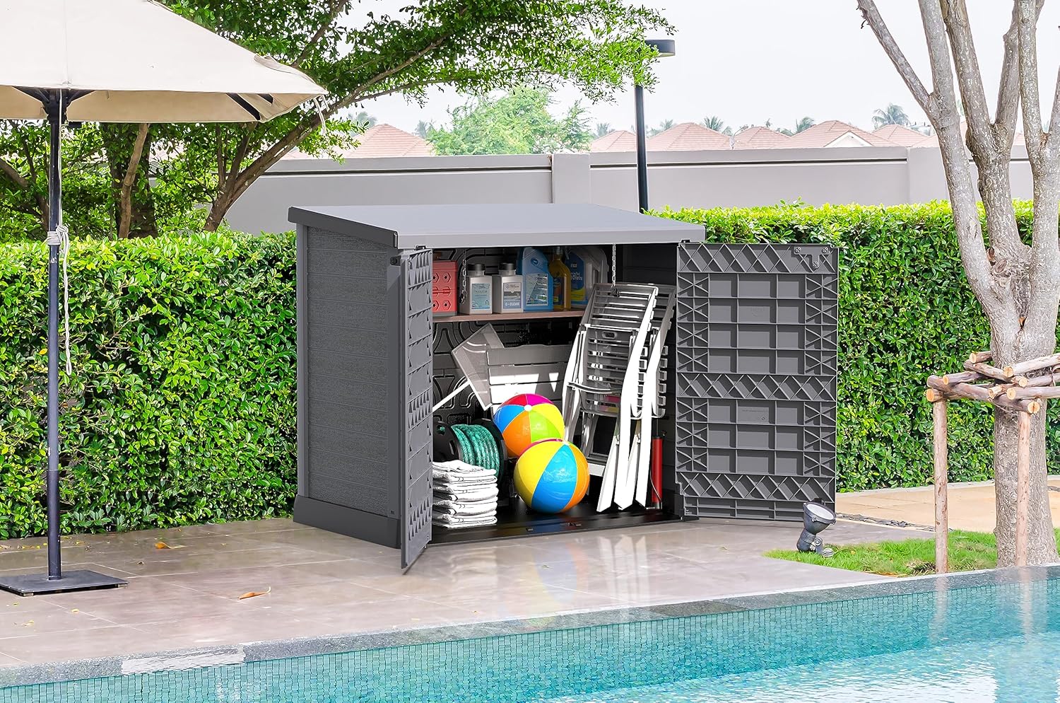 Duramax StoreAway 1200L Plastic Garden Shed/ Flat Lid, Outdoor Storage Shed, Wheelie Bin Hideaways, Wheelie bin box, Durable Construction, Ideal for Bikes, BBQs & 2x 240L Bins, 145x85x125 cm, Brown