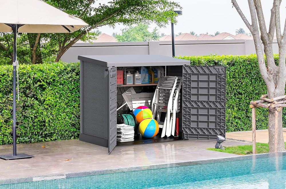 Duramax StoreAway 1200L Plastic Garden Shed/ Flat Lid, Outdoor Storage Shed, Wheelie Bin Hideaways, Wheelie bin box, Durable Construction, Ideal for Bikes, BBQs & 2x 240L Bins, 145x85x125 cm, Brown