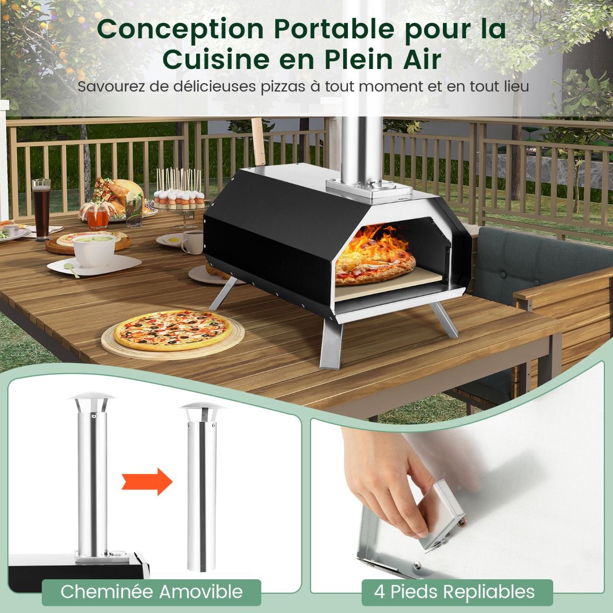 Four  Pizza Extrieur en Acier Inoxydable avec Pierre  Pizza de 30,5cm Four  Bois pour Pizza avec Pelle Pare-feu Pieds Pliables -