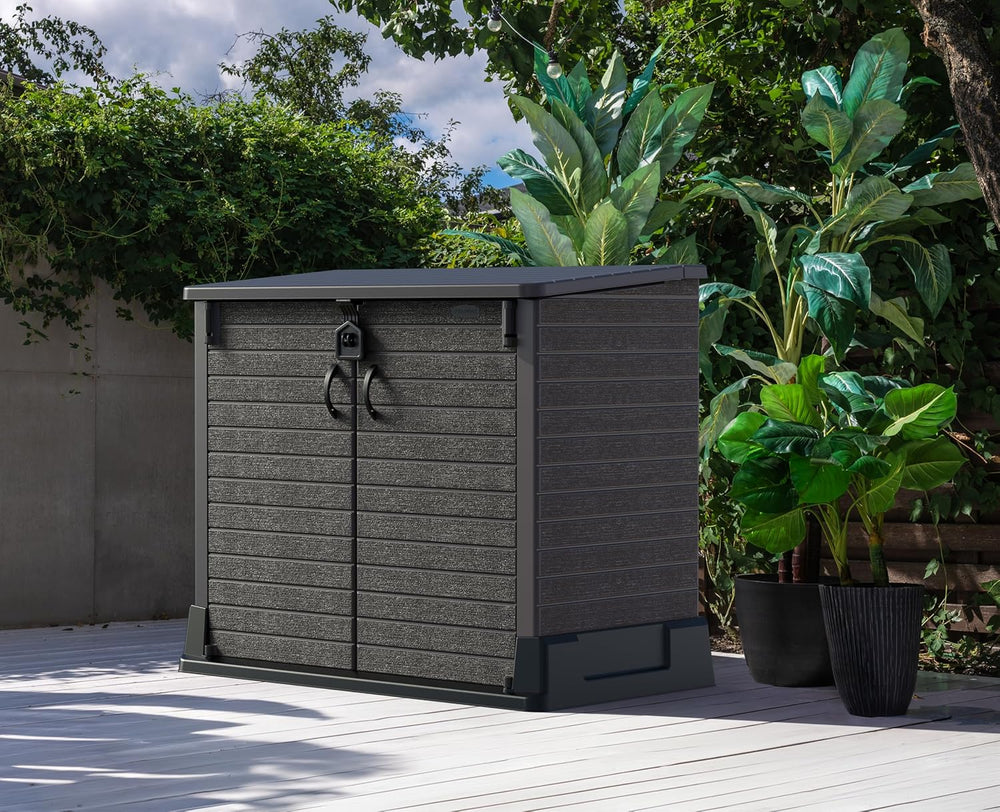 Duramax StoreAway 1200L Plastic Garden Shed/ Flat Lid, Outdoor Storage Shed, Wheelie Bin Hideaways, Wheelie bin box, Durable Construction, Ideal for Bikes, BBQs & 2x 240L Bins, 145x85x125 cm, Brown