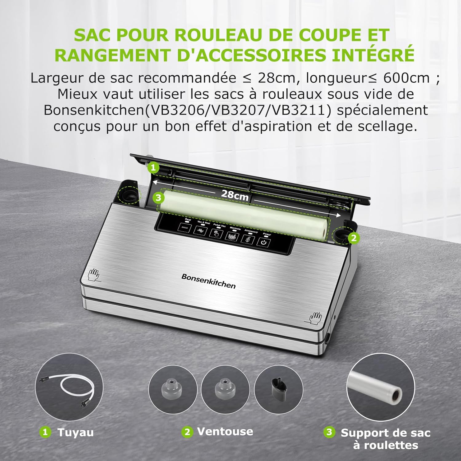 Bonsenkitchen Machine Sous Vide Alimentaire, Machine Sous Vide à 5 Modes-8 L/min, Technologie Globefish pour Un Travail en Continu à Grande Vitesse, Comprend 100 Sacs Sous Vide et 1 Sac en Rouleau
