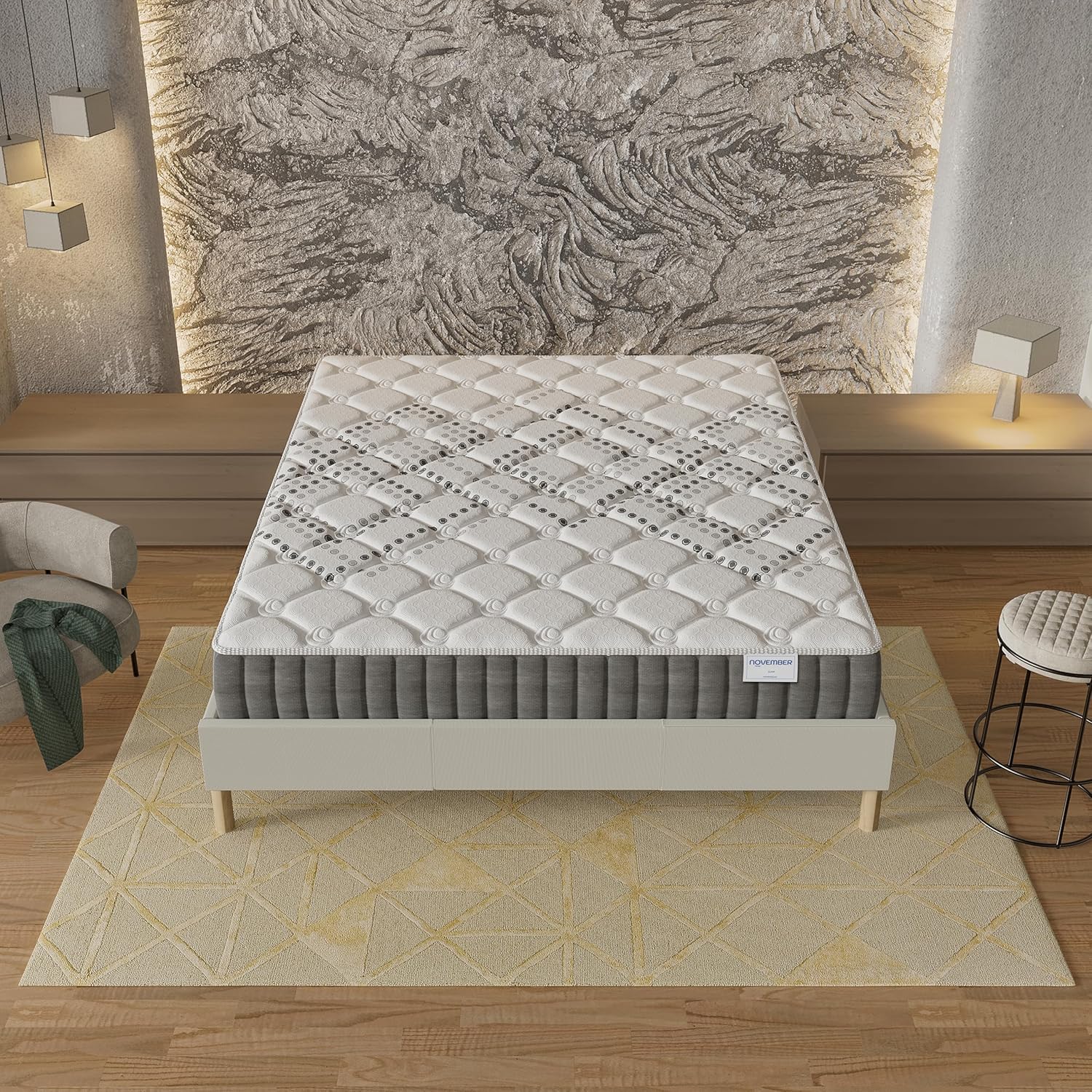November- Matelas Eliha 120x190cm- Technologie Hybrid: Ressorts ensachés + Mousse HDensité-Épaisseur 20cm- Soutien Tonique & indépendance de Couchage- Label SANITIZED(Anti bactérien/acarien)