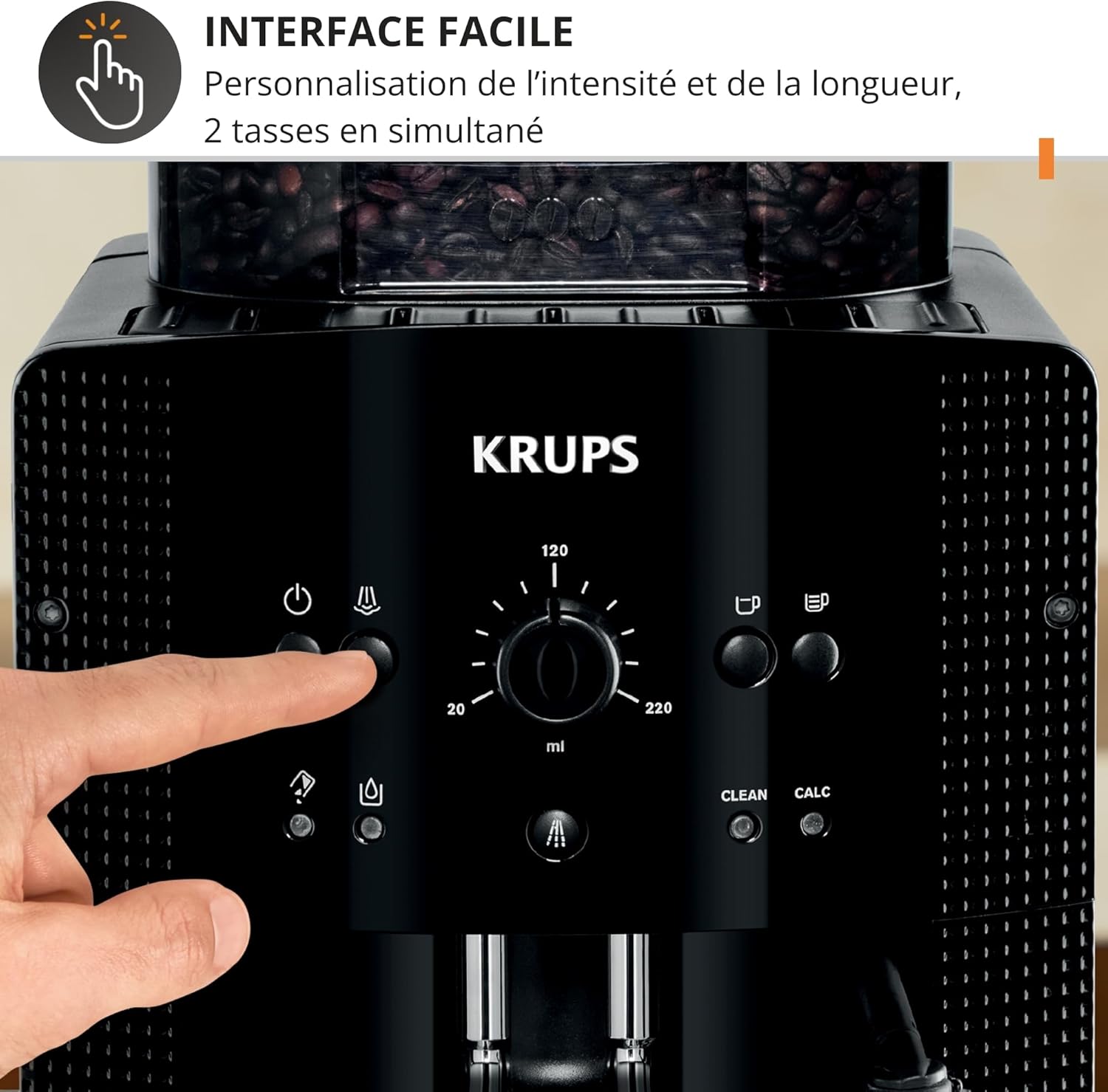 Krups Coffee Bean Machine, 1.7 L, 2 Cups Simultaneously, Automatic Cleaning, Steam Nozzle for Cappuccino, Espresso Maker, Essential Black YY8125FD