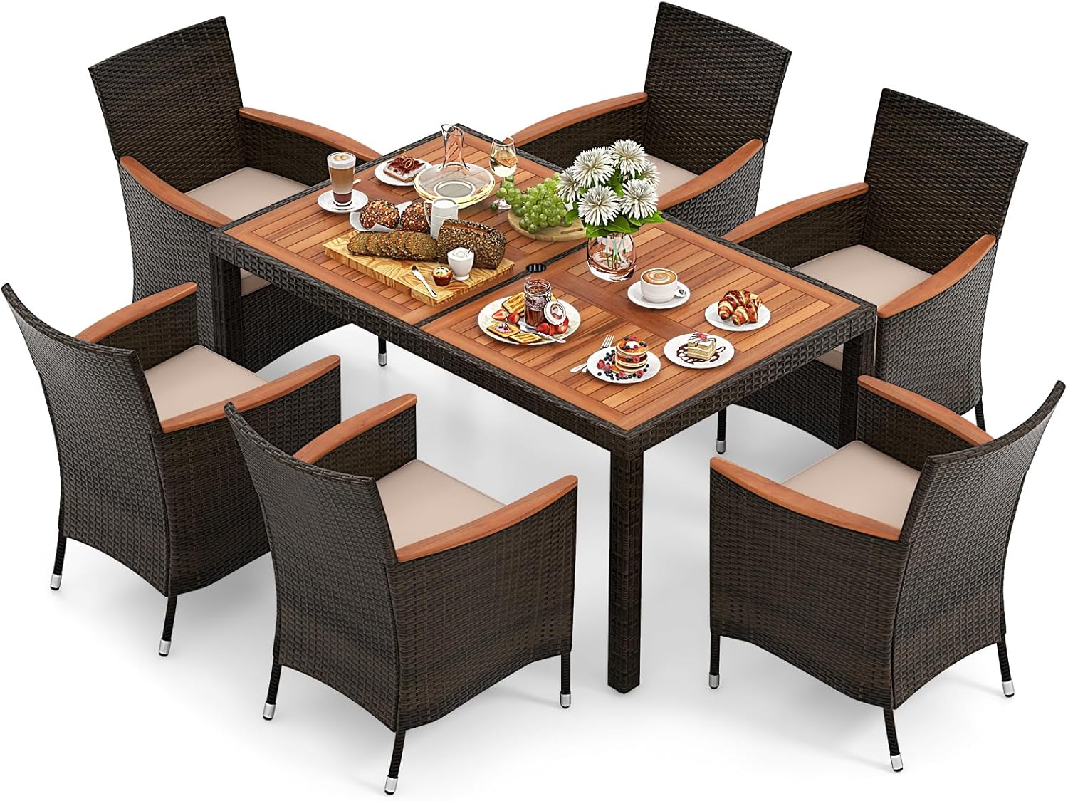 GIANTEX Salon de Jardin 6 Personnes en Rotin et Bois d'Acacia, Table de Jardin Extérieure avec 6 Chaises, Coussins, Trou de Parasol, Pieds Réglables, pour Cour, Pique-Nique, Marron