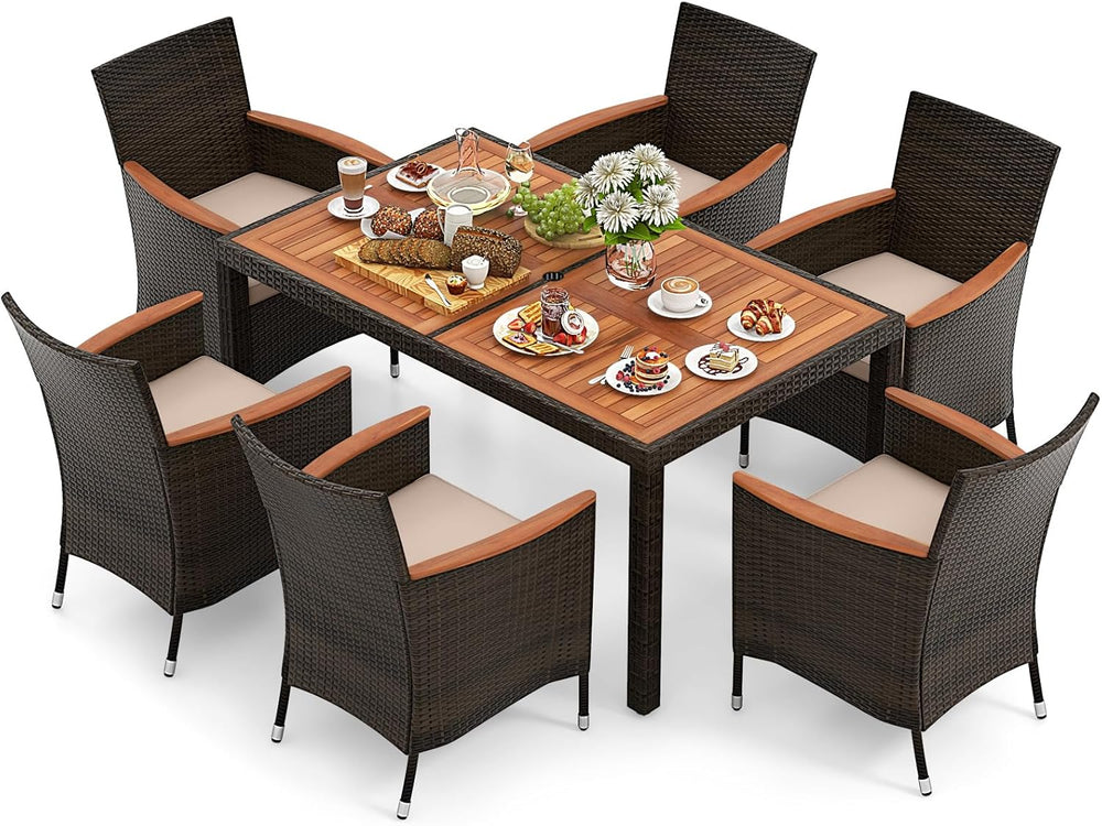 GIANTEX Salon de Jardin 6 Personnes en Rotin et Bois d'Acacia, Table de Jardin Extérieure avec 6 Chaises, Coussins, Trou de Parasol, Pieds Réglables, pour Cour, Pique-Nique, Marron