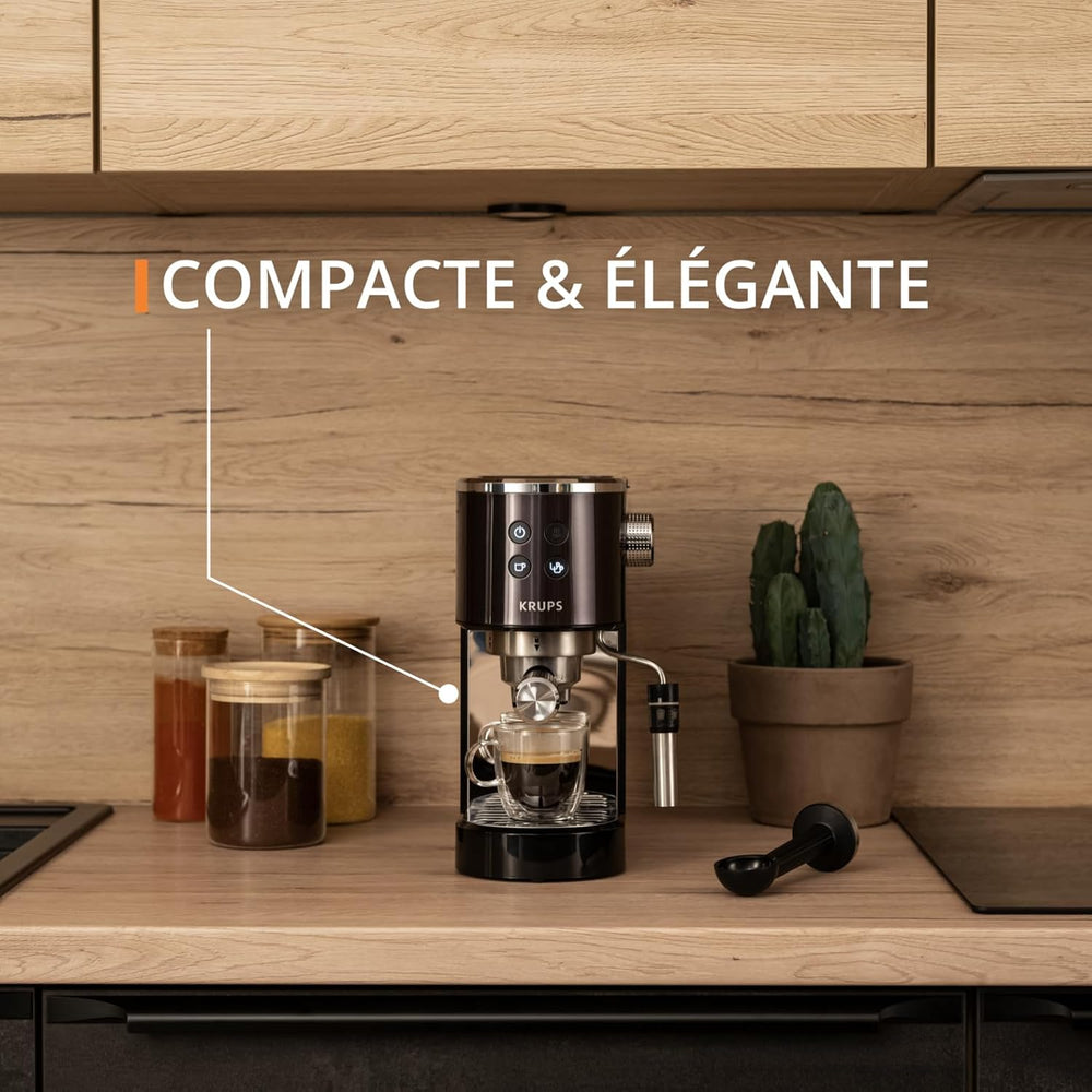 Krups Virtuoso+, Machine expresso, Machine a cafe à pompe, expresso machine a cafe moulu ou dosettes, 15 bars, Inox, Buse vapeur, Espresso et cappuccino, XP444G10