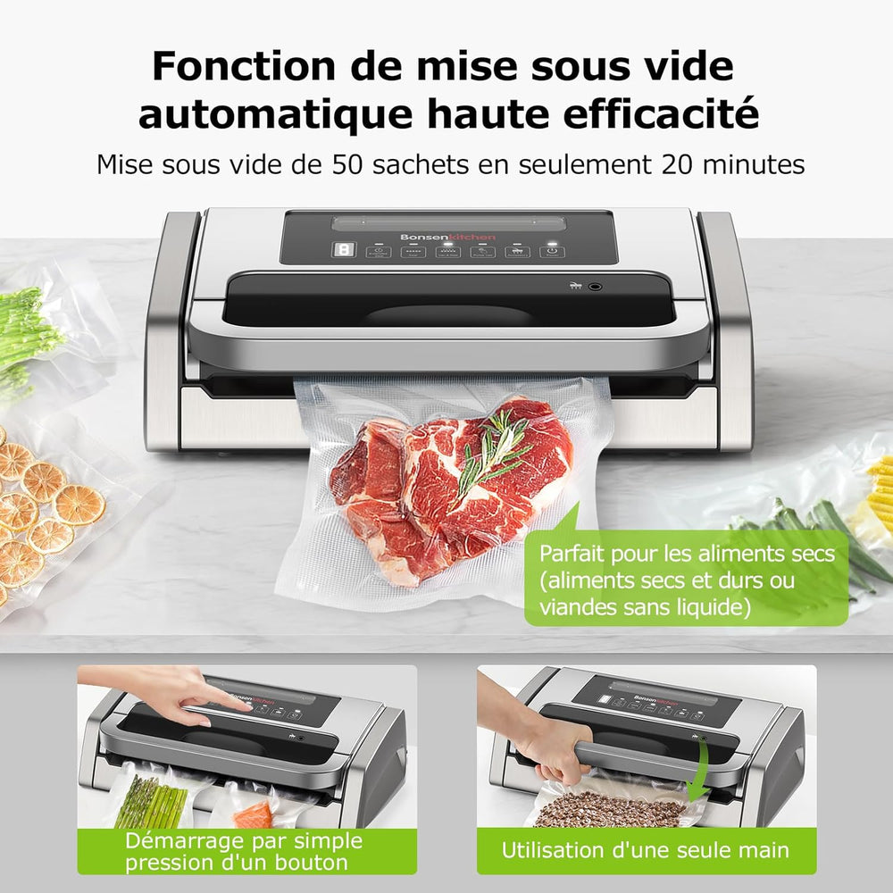 Bonsenkitchen Powerful and Quiet Food Vacuum Sealer with Globefish Technology for Continuous Work, Locked Handle Design, Integrated Cutter, 2 Rolls of Bags Included