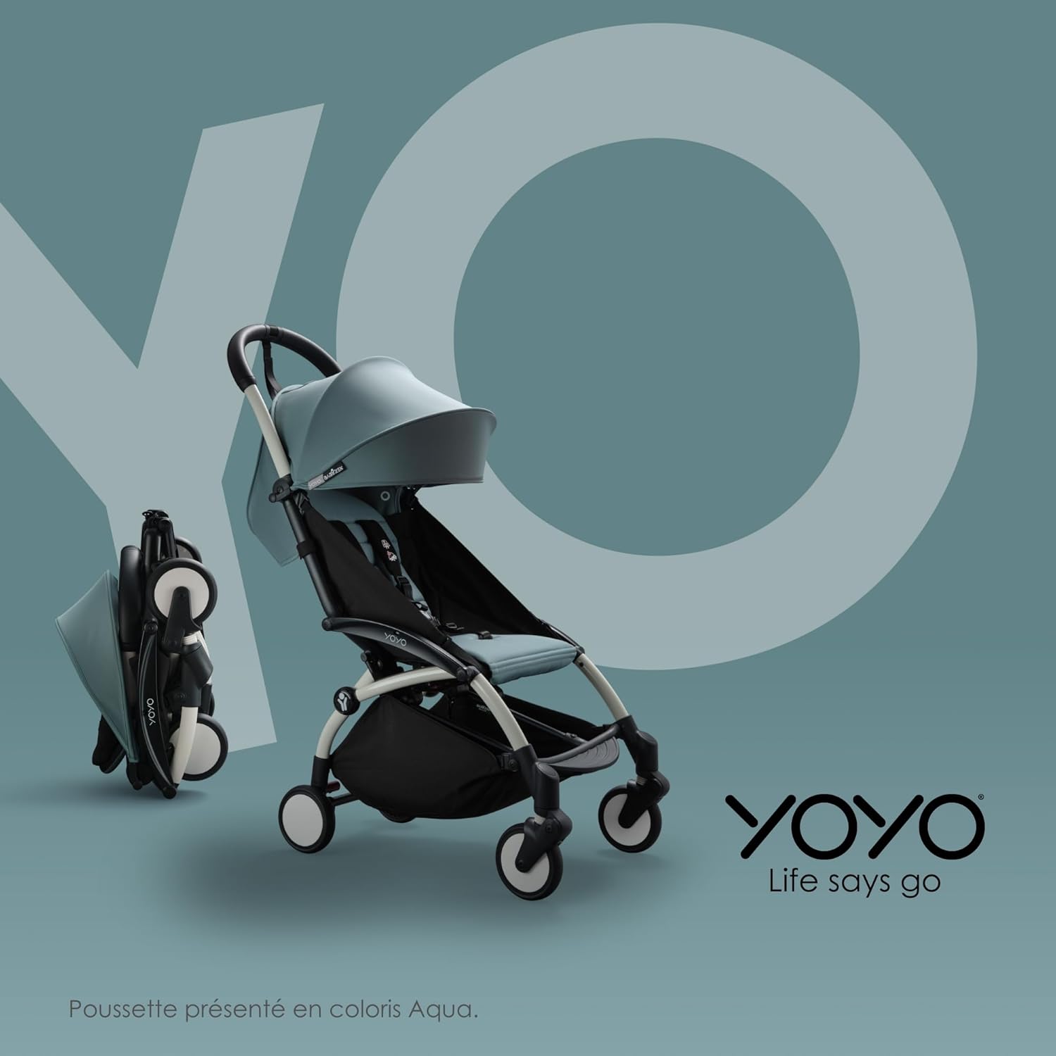 Poussette BABYZEN YOYO2 6+ (Cadre noir + pack couleur Aqua) - Comprend un harnais, un dossier, des arceaux de capote, une bandoulière, un coussin d’assise, et une capote assortie