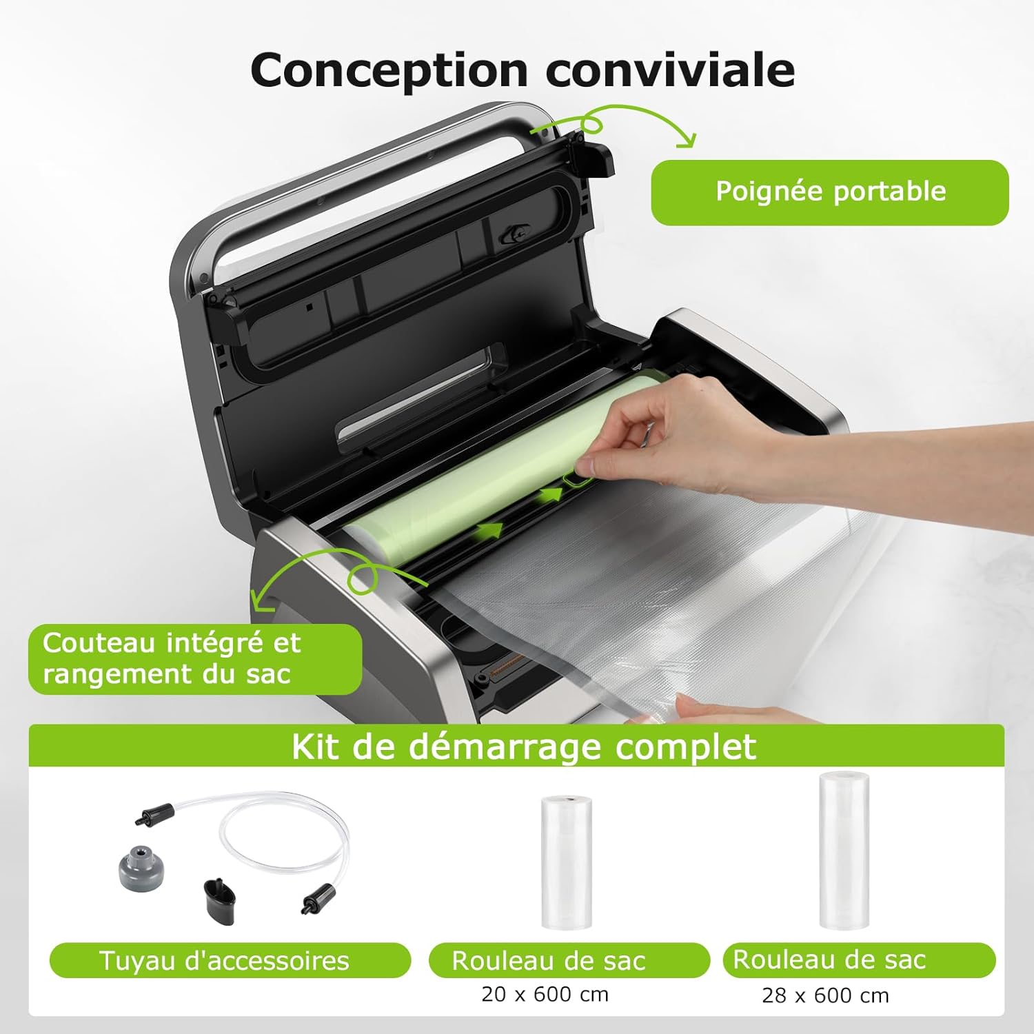 Bonsenkitchen Powerful and Quiet Food Vacuum Sealer with Globefish Technology for Continuous Work, Locked Handle Design, Integrated Cutter, 2 Rolls of Bags Included