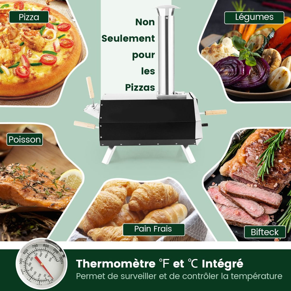 Four  Pizza Extrieur en Acier Inoxydable avec Pierre  Pizza de 30,5cm Four  Bois pour Pizza avec Pelle Pare-feu Pieds Pliables -