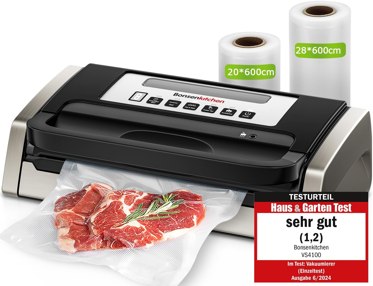 Bonsenkitchen Powerful and Quiet Food Vacuum Sealer with Globefish Technology for Continuous Work, Locked Handle Design, Integrated Cutter, 2 Rolls of Bags Included