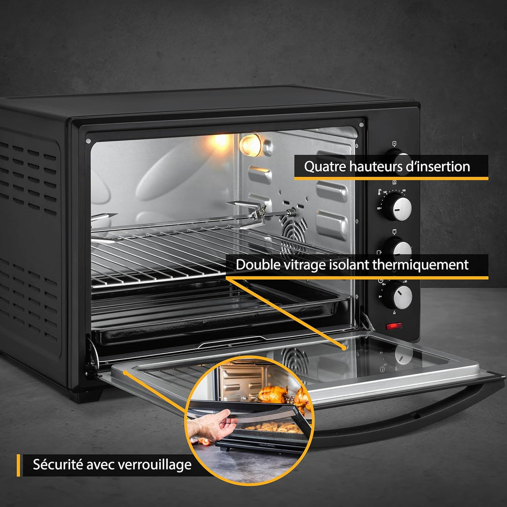 TZS First Austria Mini-four 60 l I 2000 W I Convection + Rôtisserie I 4 éléments chauffants I Plage de température jusqu'à 230 °C I Minuterie 60 min I Inox I Noir