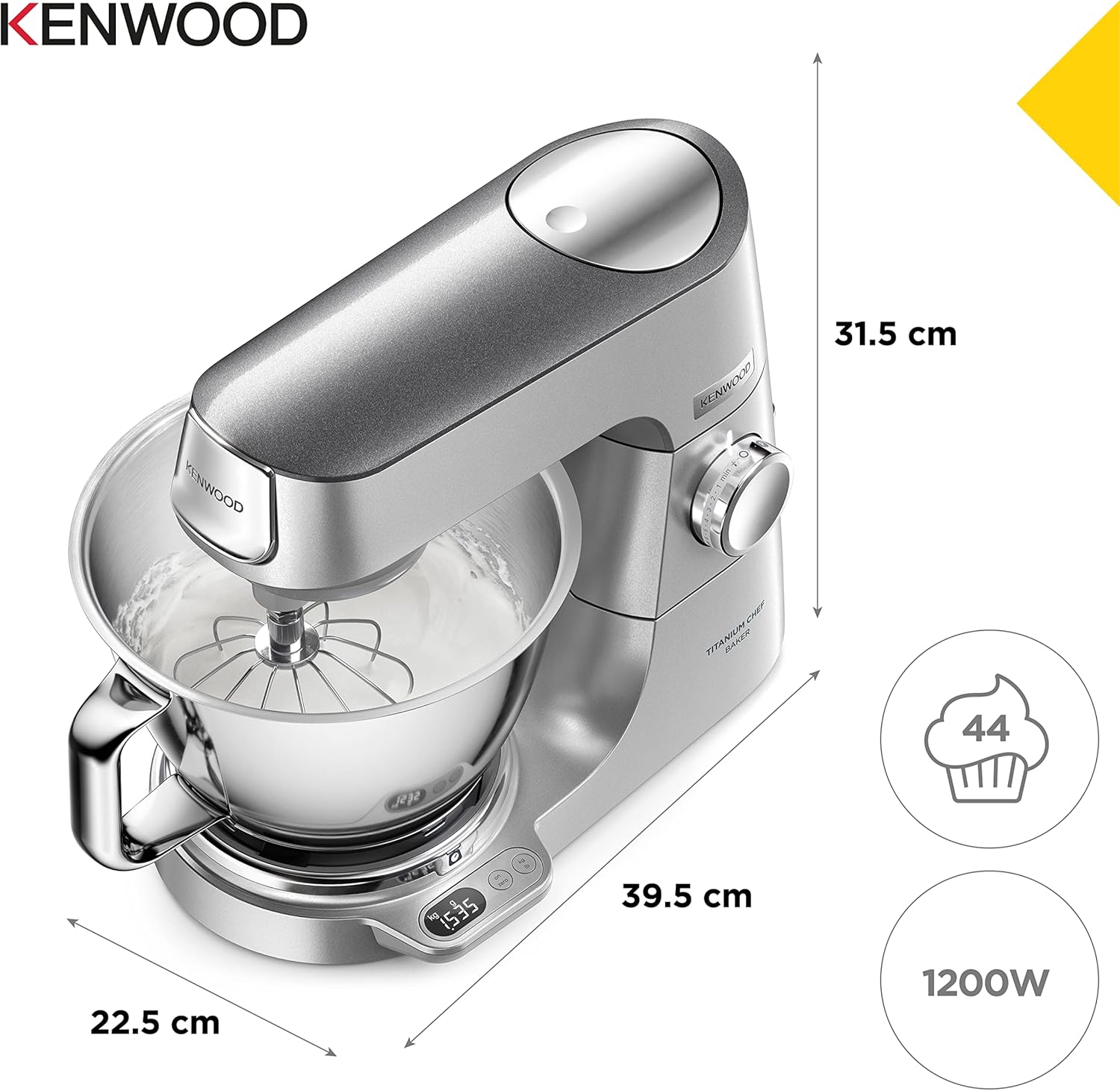 Kenwood Titanium Chef Baker KVC65.001WH, Pastry Robot with Integrated Scales, Including 3-Piece Pastry Set, Spatula & Splash Protection, 1200 W, White