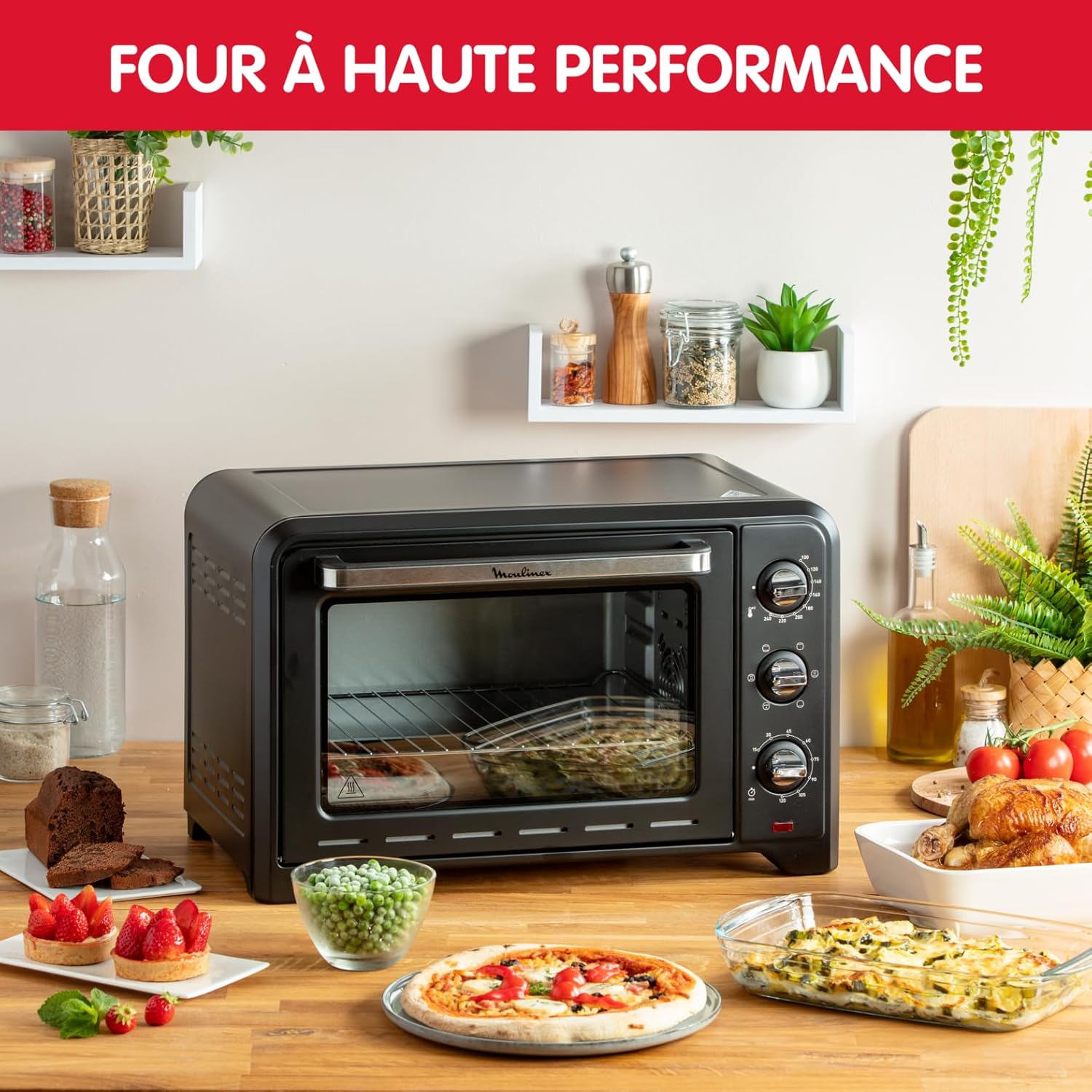 Moulinex Four électrique 39 L, 7 modes de cuisson, Chaleur tournante, Thermostat réglable jusqu’à 240° C, Tournebroche, Minuteur 120 min, Grille réversible, Optimo noir OX485810