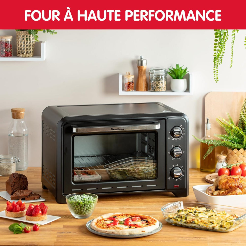 Moulinex Four électrique 39 L, 7 modes de cuisson, Chaleur tournante, Thermostat réglable jusqu’à 240° C, Tournebroche, Minuteur 120 min, Grille réversible, Optimo noir OX485810
