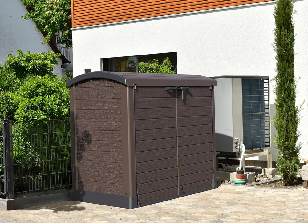 Duramax StoreAway 1200L Plastic Garden Shed/ Flat Lid, Outdoor Storage Shed, Wheelie Bin Hideaways, Wheelie bin box, Durable Construction, Ideal for Bikes, BBQs & 2x 240L Bins, 145x85x125 cm, Brown