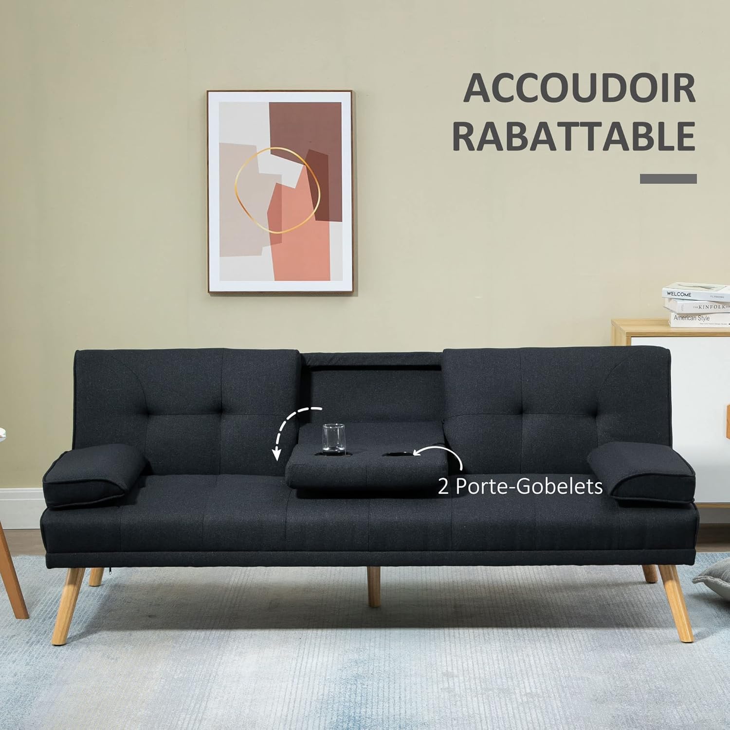 HOMCOM Canapé Convertible 3 Places Design scandinave Inclinaison Dossier réglable 3 Niveaux Dossier Centrale Rabattable 2 Porte-Verres Bois Massif Lin Gris