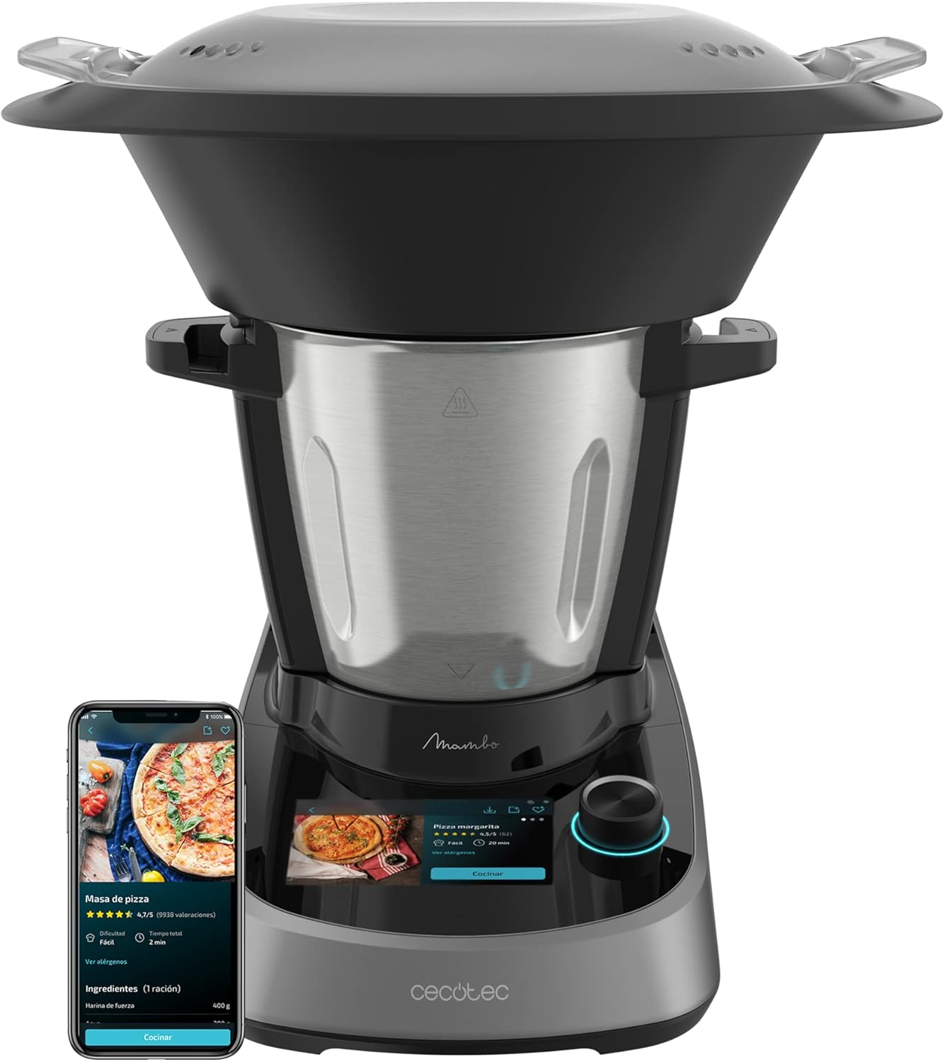 Cecotec Robot de Cuisine Mambo Black. 23 Fonctions, 10 Niveaux de Température, 1700W, 2,5 kg de Pâte, Cruche de 3,3L, 10 Vitesses, Minuterie, Température Réglable de 37 °C à 120 °C