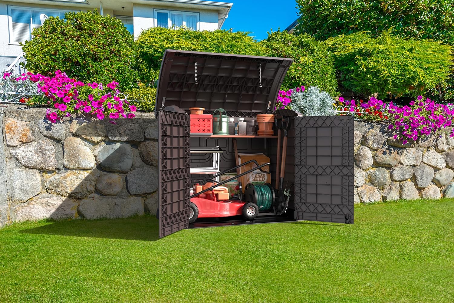 Duramax StoreAway 1200L Plastic Garden Shed/ Flat Lid, Outdoor Storage Shed, Wheelie Bin Hideaways, Wheelie bin box, Durable Construction, Ideal for Bikes, BBQs & 2x 240L Bins, 145x85x125 cm, Brown
