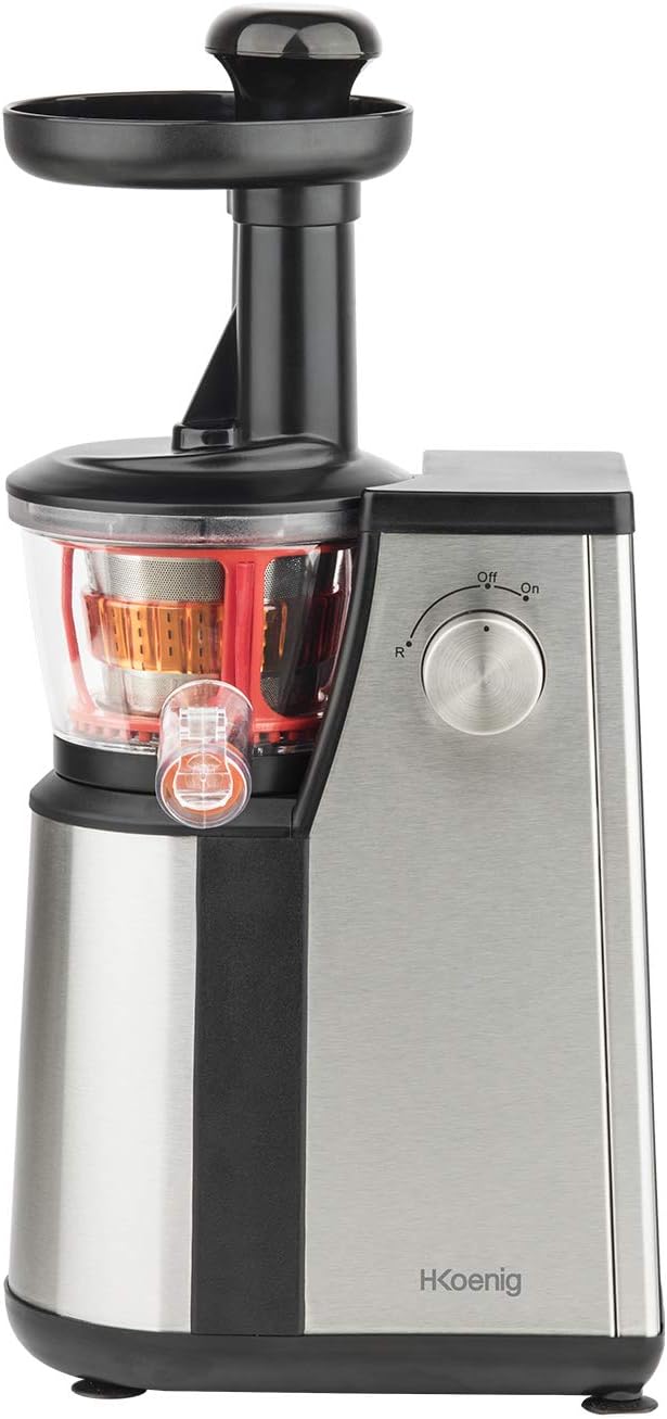 Extracteur de Jus de Fruits et Légumes vertical GSX24 H.Koenig Centrifugeuse Vitamin + sans BPA - 82 mm Large Bouche - 3 tamis pour jus fin ou épais et sorbet - Pression douce - 50 tours 400 W