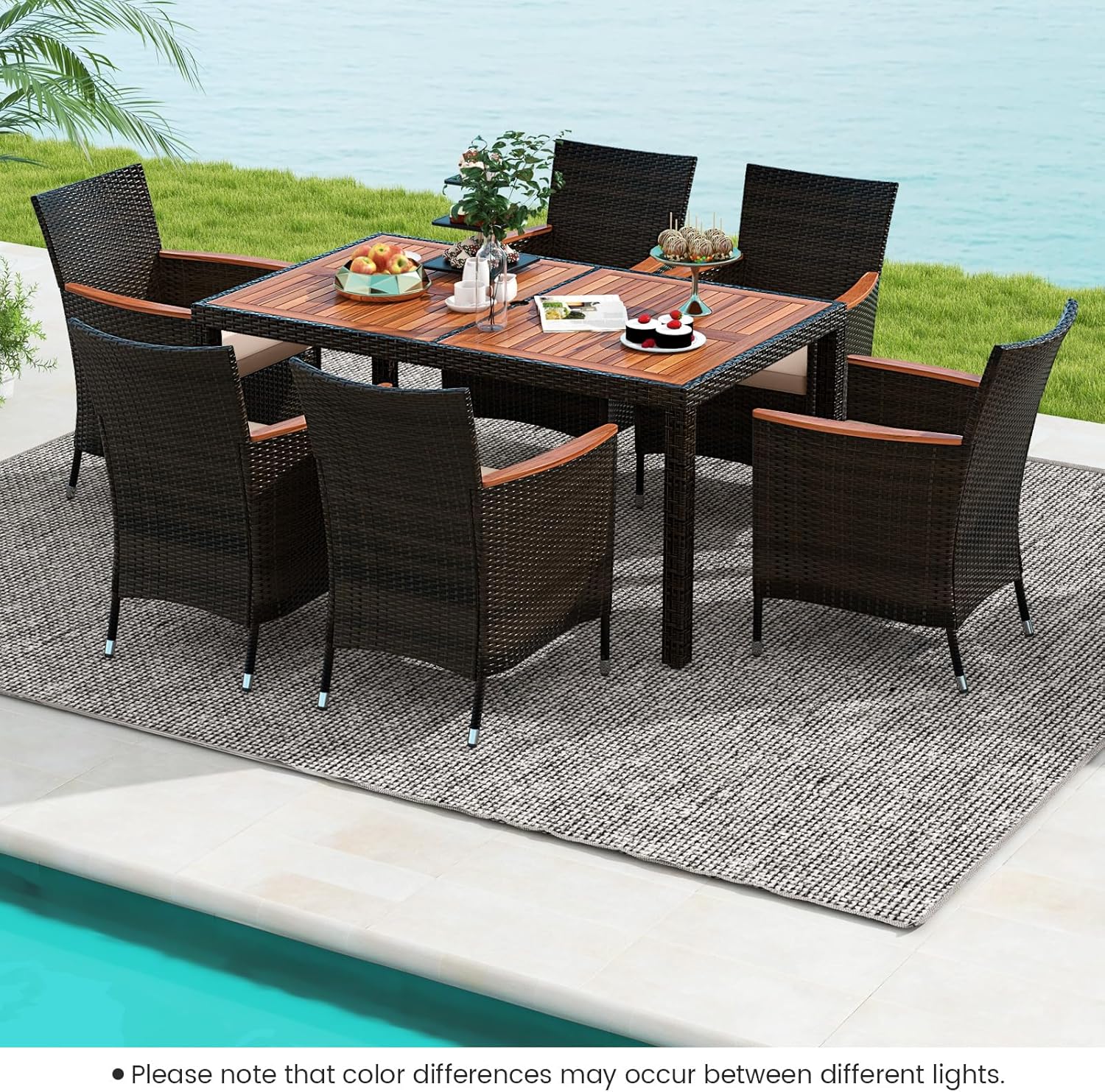 GIANTEX Salon de Jardin 6 Personnes en Rotin et Bois d'Acacia, Table de Jardin Extérieure avec 6 Chaises, Coussins, Trou de Parasol, Pieds Réglables, pour Cour, Pique-Nique, Marron