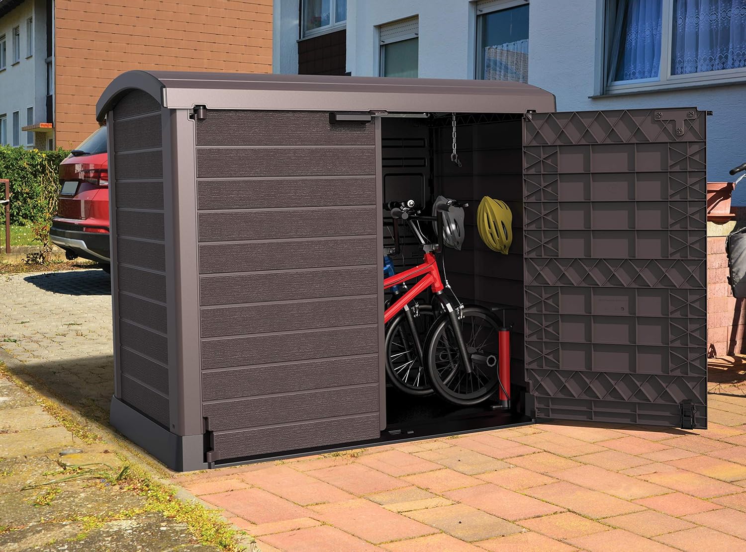 Duramax StoreAway 1200L Plastic Garden Shed/ Flat Lid, Outdoor Storage Shed, Wheelie Bin Hideaways, Wheelie bin box, Durable Construction, Ideal for Bikes, BBQs & 2x 240L Bins, 145x85x125 cm, Brown
