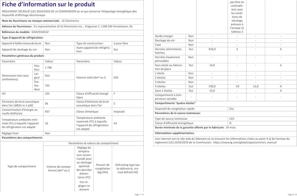 LG GSXV91MCAF Réfrigérateur combiné - Side by Side, 635L, InstaView, Total No-Frost, Compartiment congélation, Distributeur d'eau et glace UVnano, Compresseur Inverter Linear, Wi-Fi, Noir, Classe F