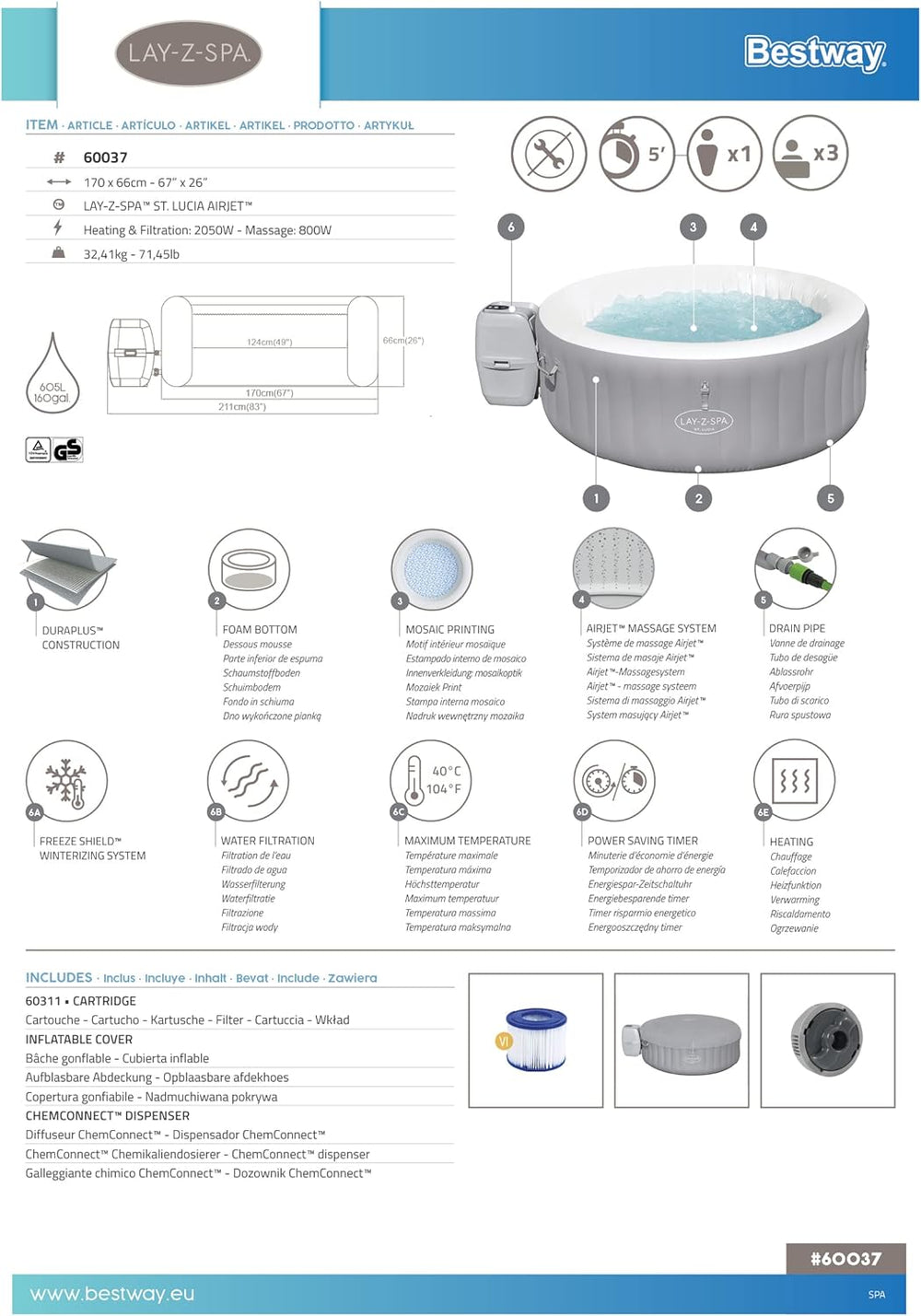 Lay-Z-Spa® 67"x26"/1.70m x 66cm St.Lucia AirJet