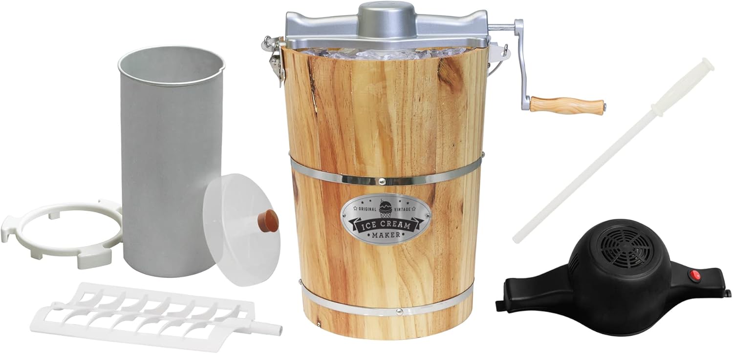 Elite Gourmet EIM916 Sorbetière électrique vintage en bois des Appalaches, 5,7 L, avec manivelle moulée sous pression, préparation de crème glacée avec sel gemme en quelques minutes, pin
