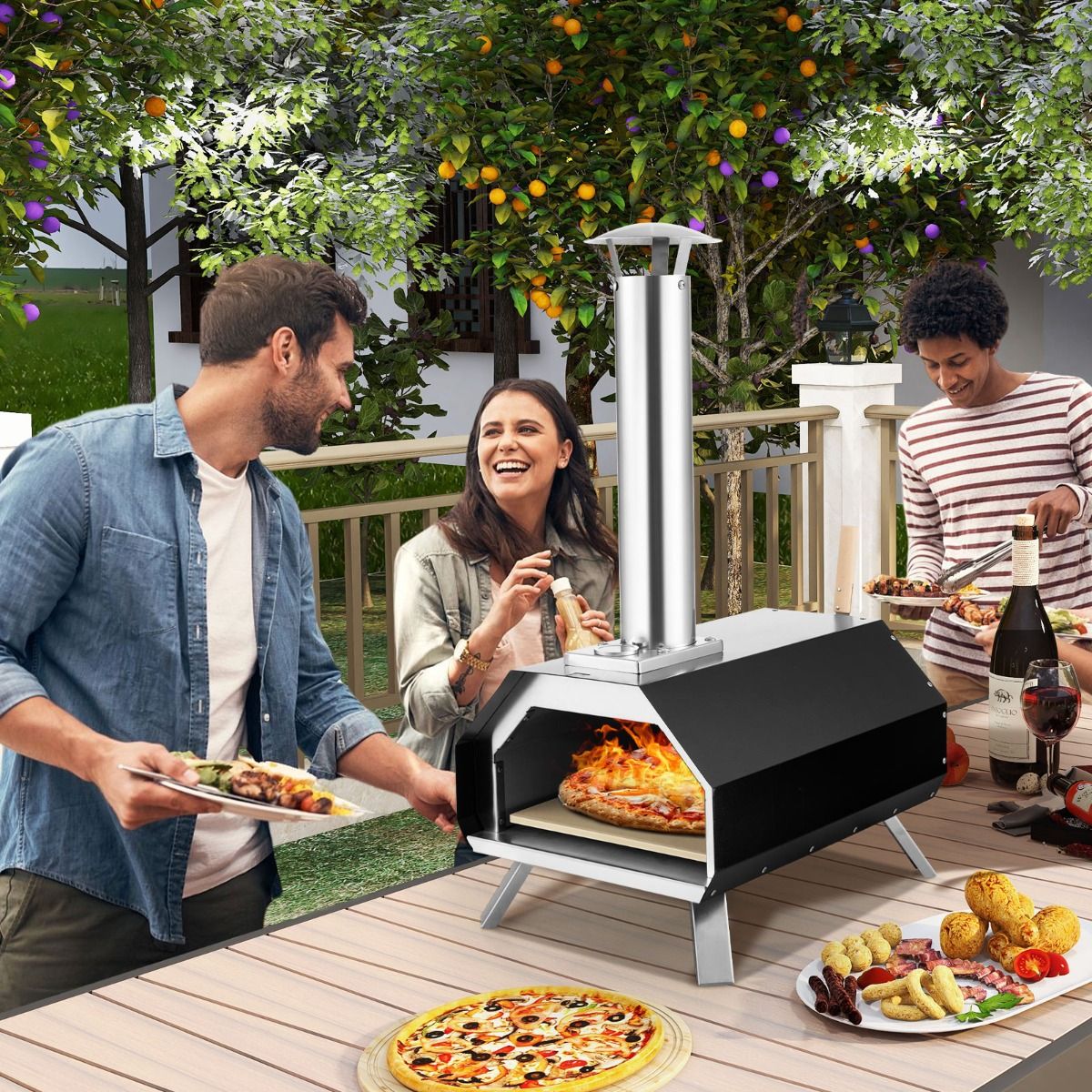 Four  Pizza Extrieur en Acier Inoxydable avec Pierre  Pizza de 30,5cm Four  Bois pour Pizza avec Pelle Pare-feu Pieds Pliables -