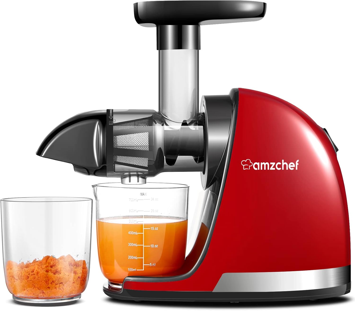 AMZCHEF Extracteur Jus - Extracteur de Jus de Fruits et Légumes - Presses-agrumes à Froid sans BPA avec 2 Tasses et Brosse - Fonction de Mastication Inversée pour Éviter les Blocages - Argent