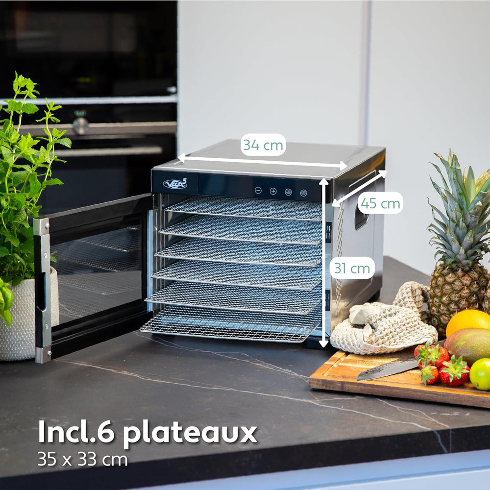 Vita5 Nobel Pro6 Deshydrateur Alimentaire avec 6 Plateaux en Inox - Déshydrateur avec Minuterie 24h et Température 35-75 °C - Deshydrateur Viande, Fruits, Champignons - 650W Déshydrateur Alimentaire